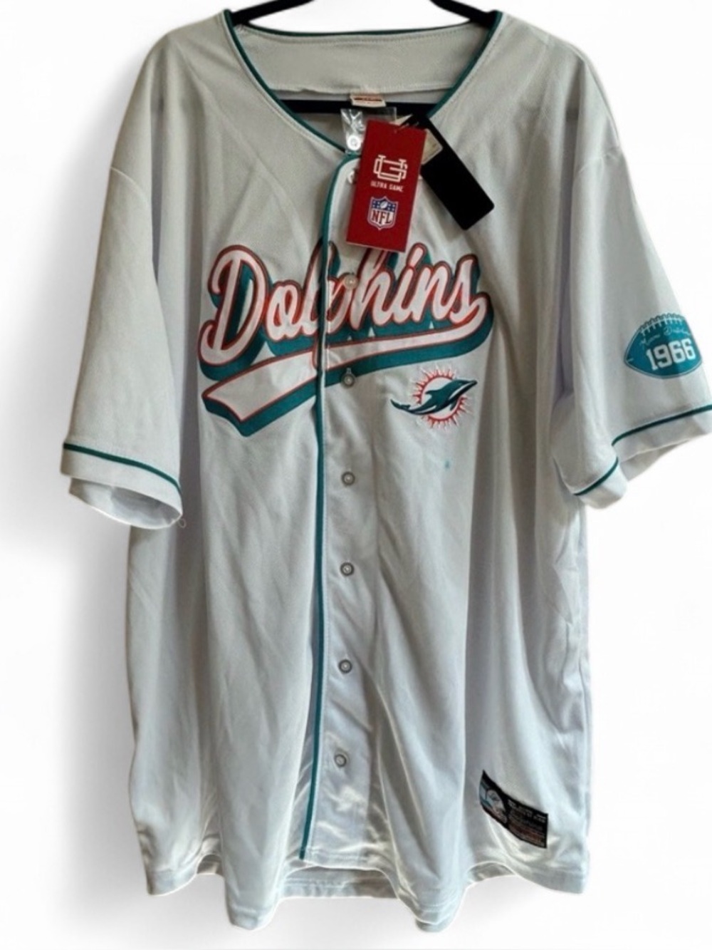 Ultra Game NFL Miami Dolphins Short Sleeve Button Up Jersey Shirt Top Org Tag